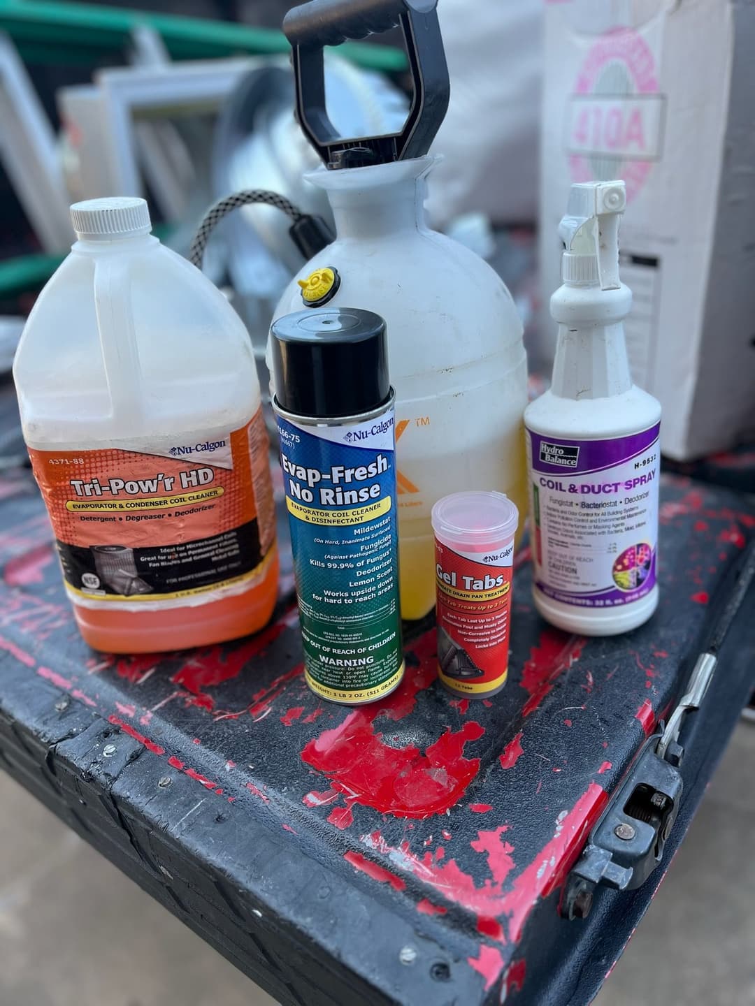 Cleaning supplies including Tri-Pow'r HD, Evap-Fresh, Gel Tabs, and Coil & Duct Spray.